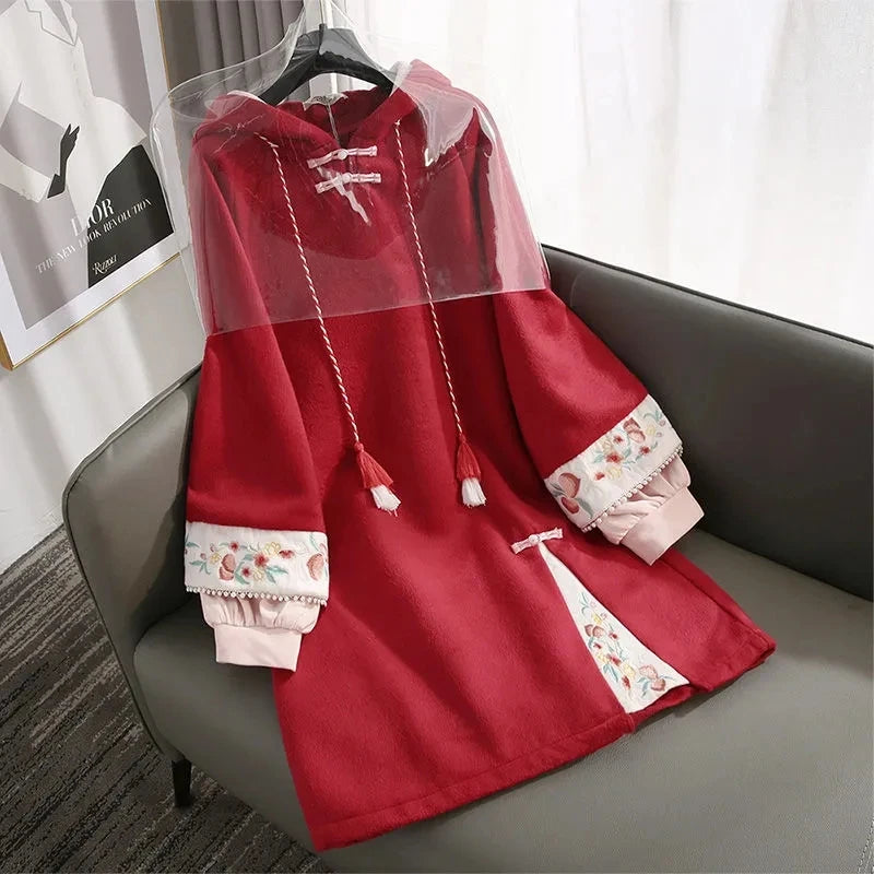 Original Design 2024 New Chinese Style Cheongsam Improved Version Dress Plus Velvet Thickening New Year's Sweatdress Dress Hanfu - Seprincess