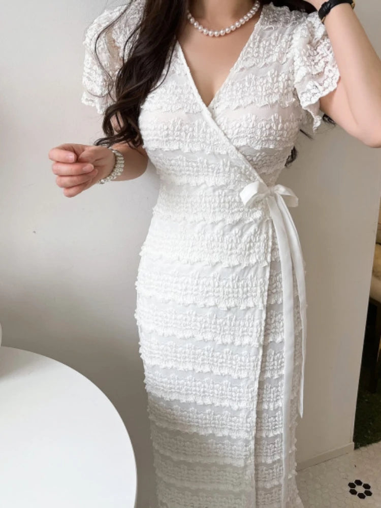 Women Elegant Bodycon Dress Summer Sexy V-neck Short Sleeve Korean Long Dresses Ladies Vintage Solid White Black Long Robe - Seprincess