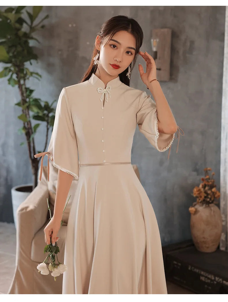 Slim A-line Mandarin Collar Qipao Female Chinese Styles Bridesmaid Dress Appliques Flower Pearl Cheongsam Party Prom Gown