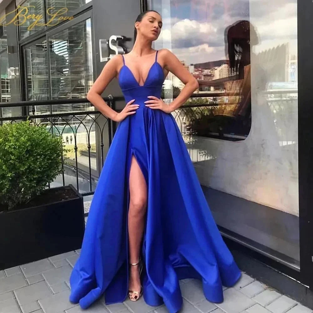 Sexy V Neck Satin Maxi Dress Woman 2024 Spaghetti Strap Side Slit Prom Dress High Waist Evening Gown Party Graduation Long Robe - Seprincess