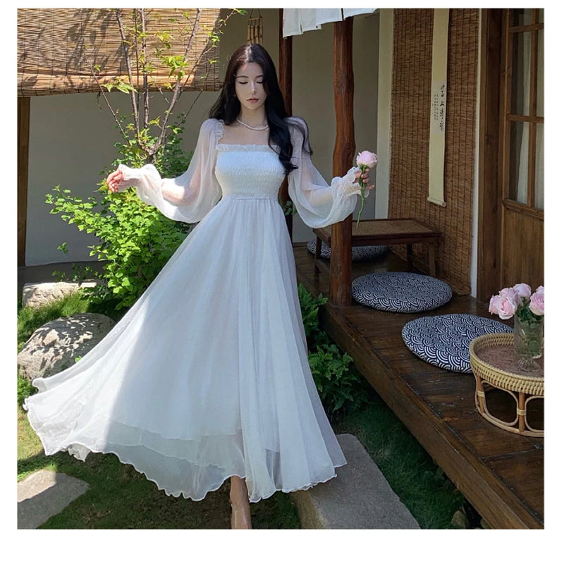 Horetong Elegant Maxi Dresses For Women White Off Shoulder Puff Long Sleeve Elastic High Waist Party Gown Ruffle Holiday Dress - Seprincess