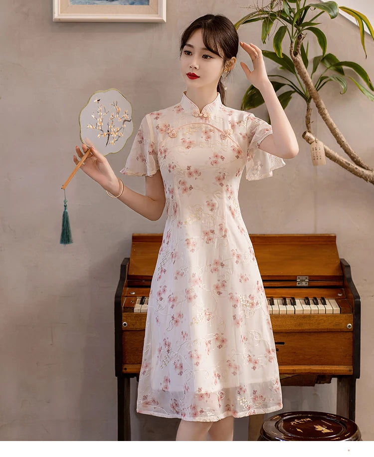 Summer Short Sleeve Qipao Fashion Modern Trend Ethnic Traditional Chinese Clothing Embroidery Cheongsam Dress for Women - Seprincess