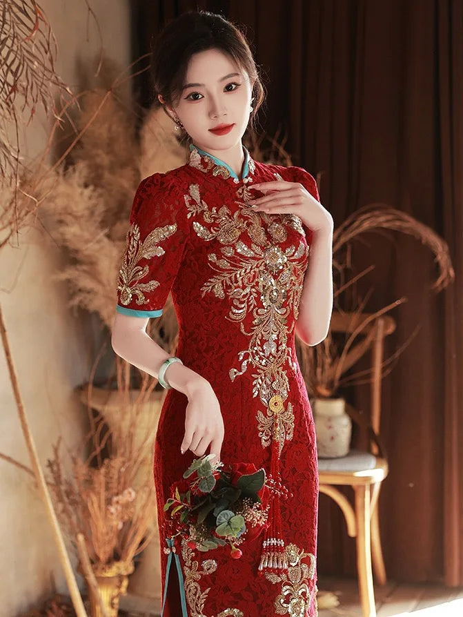 Toast Bride Wedding Dress Luxury Sequin Qipao Long Chinese Women Traditional Vintage Cheongsam Dresses Evening Gown China - Seprincess