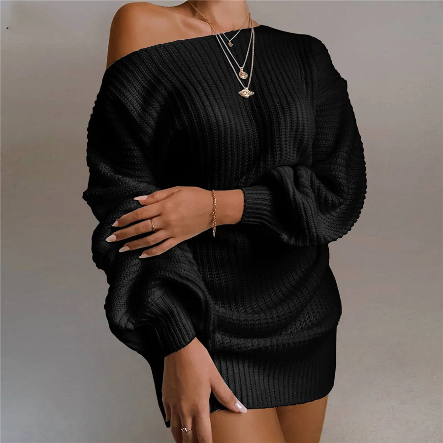 Knitted Sweater Dresses For Women Autumn Winter Loose Off Strapless Female Christmas Party Dresses - Seprincess