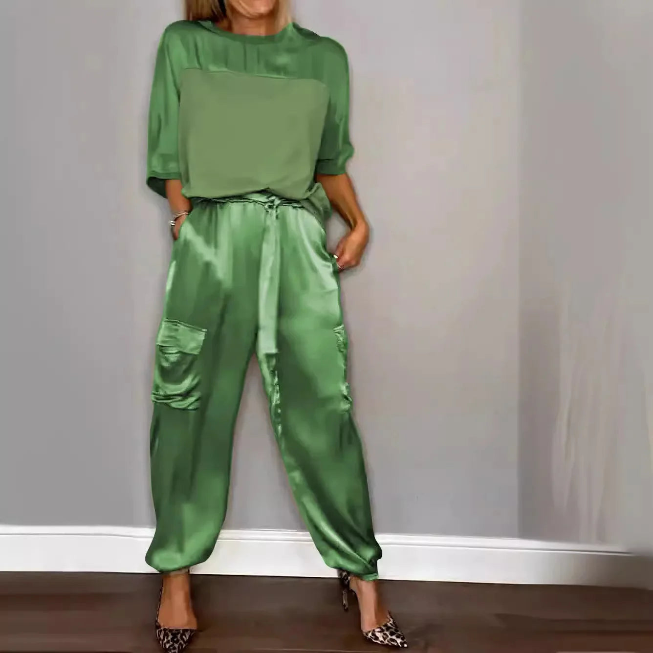 Casual Satin Shirt Pant Sets Women Fashion Pure Color Pocket Pant 2 Piece Sets Women Outfit Summer Loose Shirts Suit Ladies - Seprincess