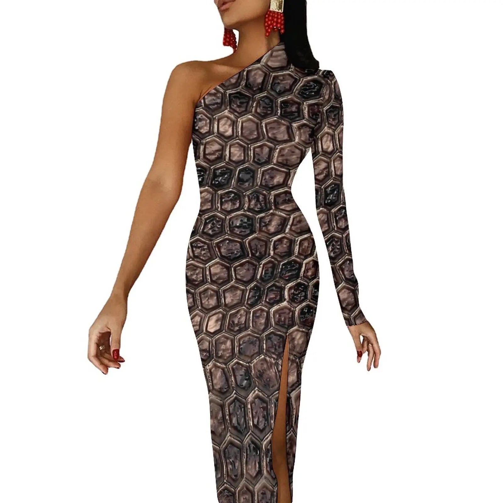 Vintage Snake Skin Brown Bodycon Dress Woman  Kawaii Maxi Dress Long Sleeve Party Custom Dresses Birthday Gift - Seprincess