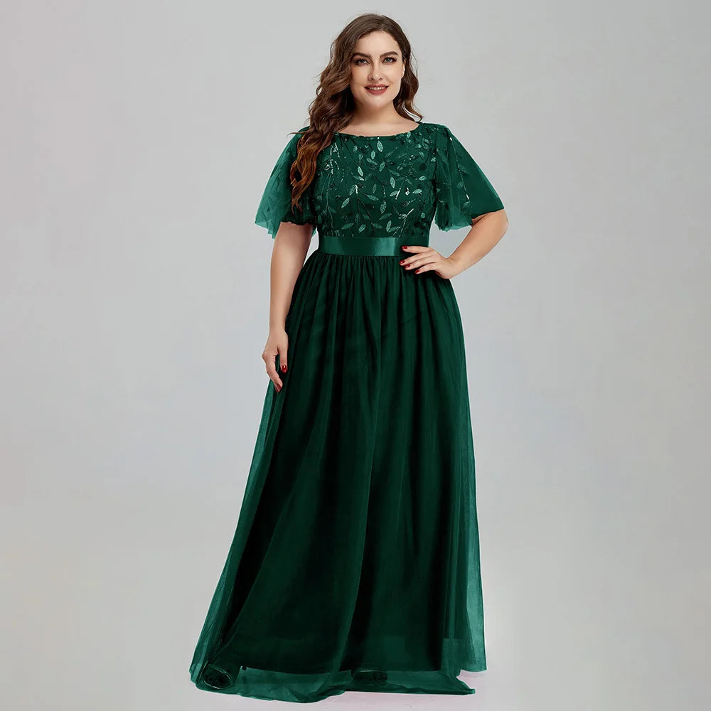 Women's Plus Size Mesh A-Line Sequin Embroidery Evening Dress Leaf  Maxi Prom Dress With Sleeves For Wedding Dress 2022