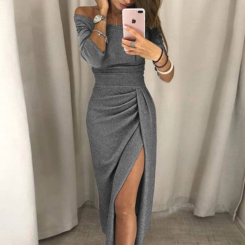 2024 New High Waist Vintage Bling Sexy Dresses Women Autumn Off Shoulder Bright Silk Shiny Party Dress Lady Split Bodycon Dress - Seprincess