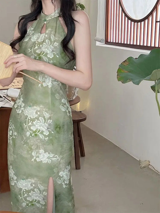 2024 New Improved Cheongsam Qipao Daily Summer Youth Style Elegant New Chinese Green Hanging Neck Evening Wedding Dress for Wome - Seprincess