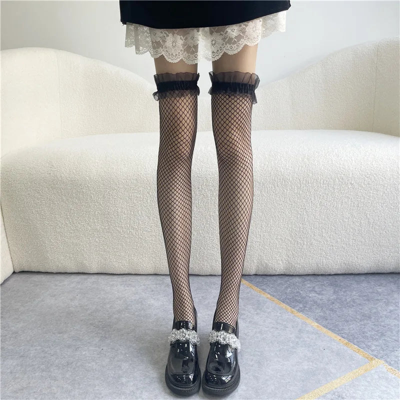 White Silk Bow Stockings Women's Japanese JK Over-the-knee Stockings Sexy Lace High Thigh Fishnet Socks Long Lolita Socks