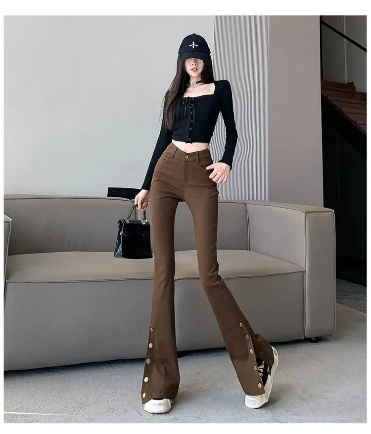 Micro-boot jeans brown buttoned design women's autumn and winter new high-waisted slim straight-leg floor mopping pants