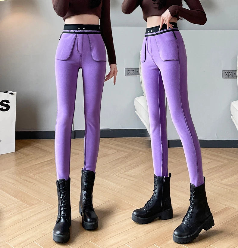 Women’s Winter Pants Thicken Fleece Slim Stretch High Waist Warm Thermal Leggings Pocket Sweatpants Women Velvet Pencil Pants