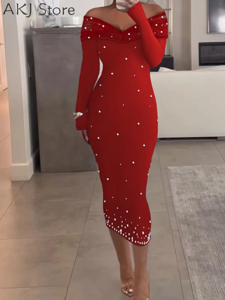 Women Off Shoulder Long Sleeve Beaded Party Dress - Seprincess