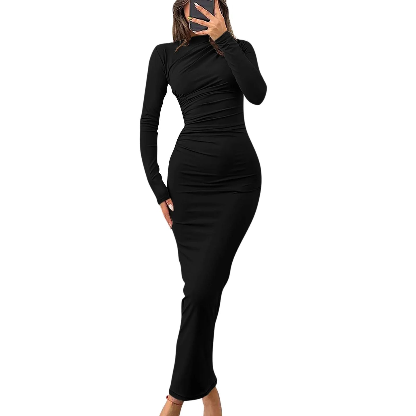 Women Bodycon Maxi Dresses Fall New Long Sleeve Sexy Ruched Neck Slim Fit Cocktail Party Dress Elegant Gentle Temperament Dress - Seprincess