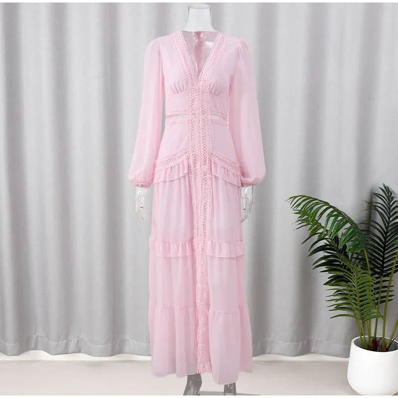 Women Elegant Layered Ruffles Patchwork Long Dress Chic V Neck Puff Full Sleeves Split Maxi Dresses Fashion Lady Party Robes - Seprincess