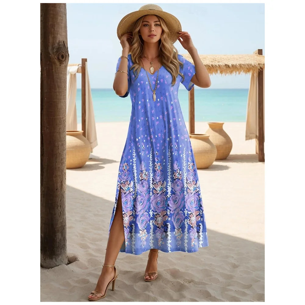 Elegant Dresses For Women Holiday V-Neck Long Dress 3d Vintage Flowers Print Short Sleeve Slit Skirt Summer New Beach Dresses - Seprincess