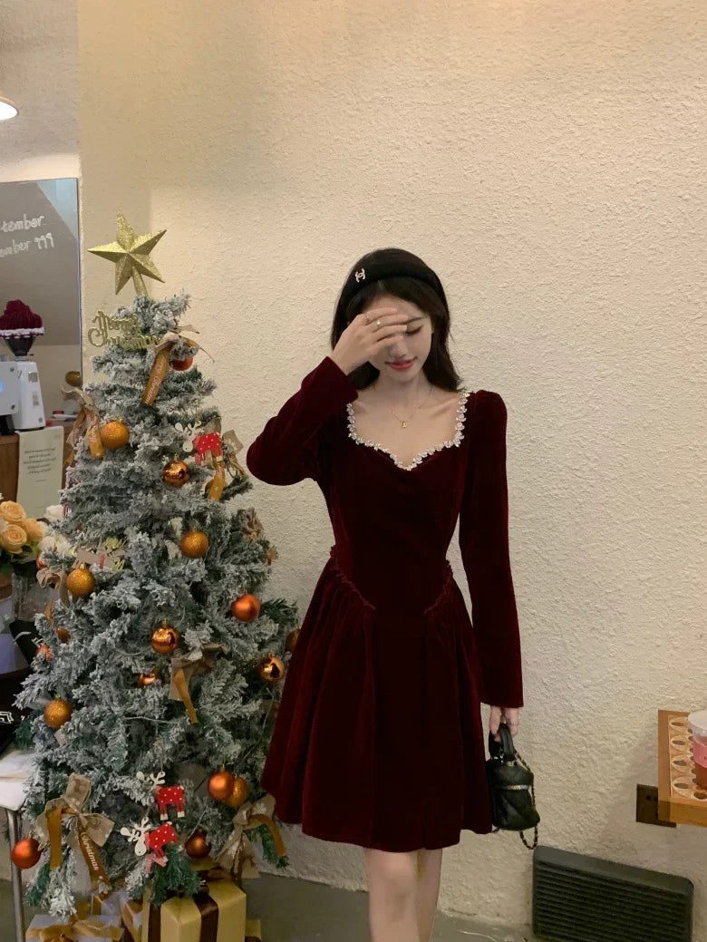 Woman's Party Evening Engagement Velvet Dress Black Vintage Prom Birthday Red Dress Long Sleeves Formal Christmas Clothing Robe - Seprincess