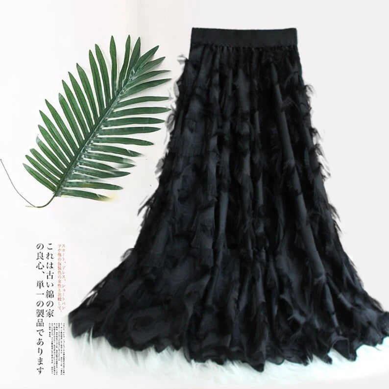 Spring Summer and Autumn New Chiffon High Waisted and Versatile A-line Skirt With Fluffy Tassels Ladies and Girls Black - Seprincess