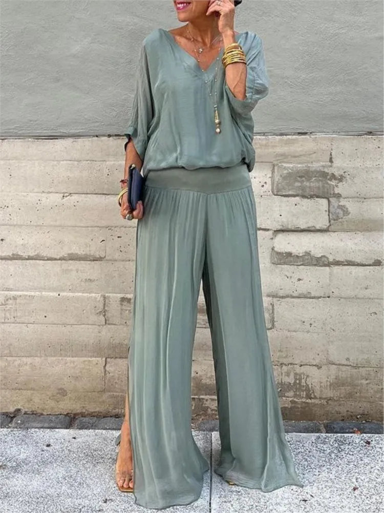 Women's Sexy V-neck Short Sleeved Top And Wide Leg Pants Sets Summer Chiffon Casual Outfits Casual Loose Street Two Piece Sets - Seprincess