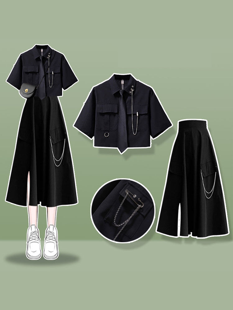 Xgoth Sweet Cool Suit Female Preppy Korean Loose High Street Short-sleeve Workwear Shirt + Half Body Skirt Women Black 2pcs Set - Seprincess