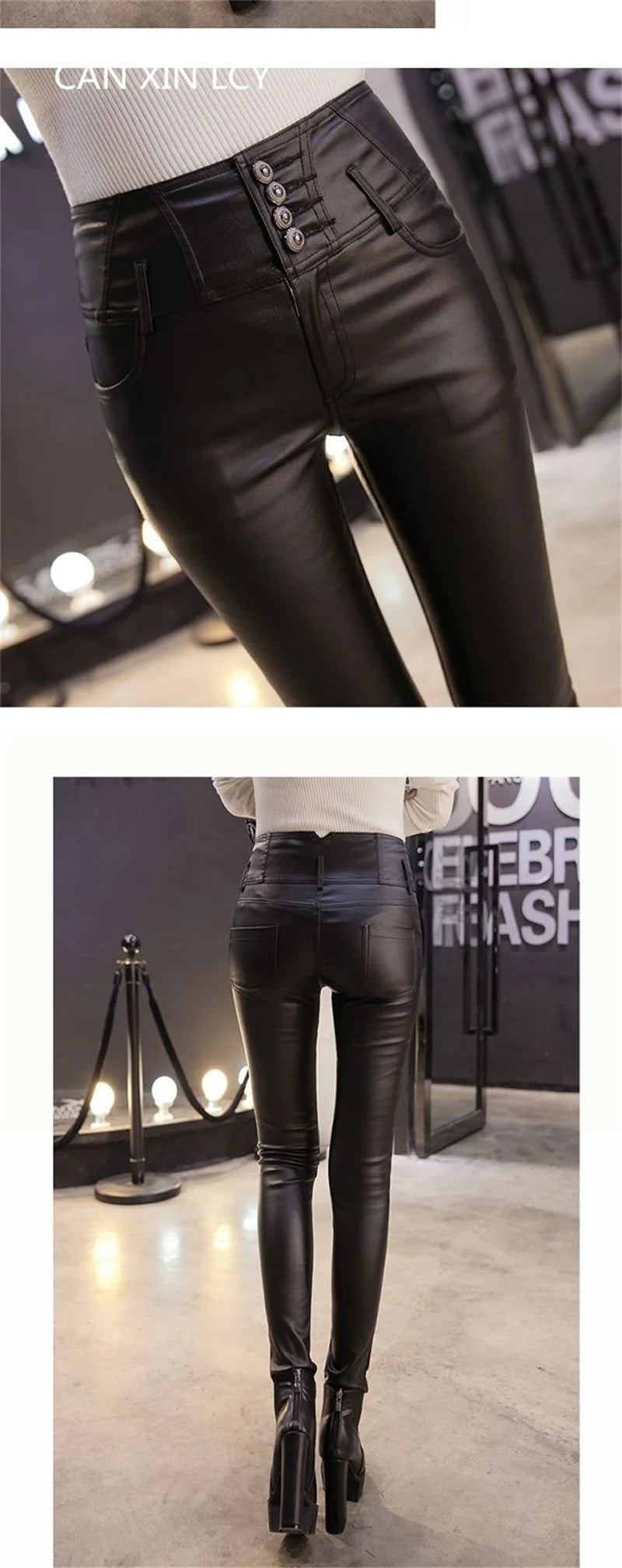 Autumn Winter New High Waist Stretch Leather Leggings Thick Female Faux PU Leather Pants Sexy Push Up Slim Tights Fleece Trouser