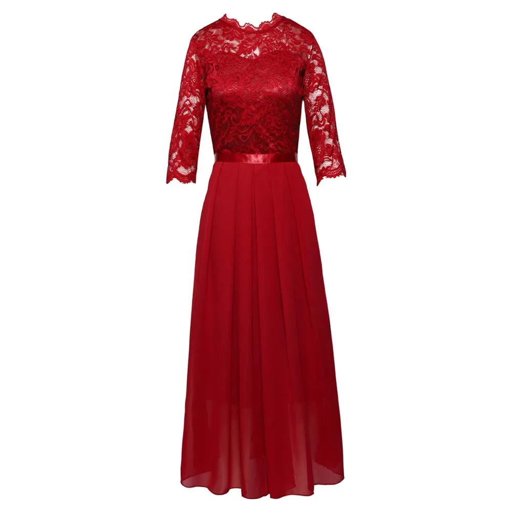 Contrast Lace Pleated Elegant Solid 3/4 Sleeve Party Maxi Formal Evening Dress - Seprincess