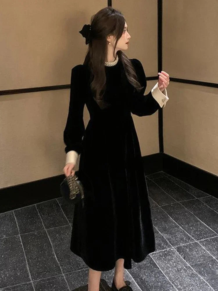 2024 Sweet Woman Party Dresses Korean Vintage Velvet Black Dress Patchwork Robe Elegant Clothes All Match Pearl Vestidos Mujer - Seprincess