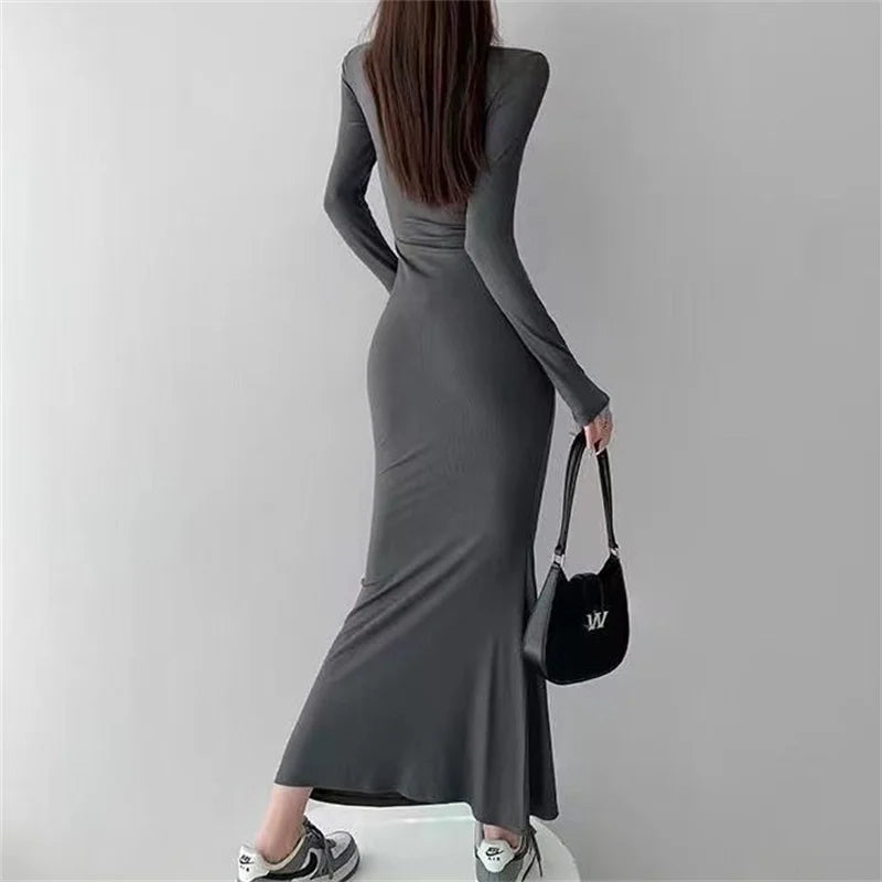 Women Spring Autumn Style Long Sleeve low cut Collar Solid Color Mermaid Sexy Dress - Seprincess