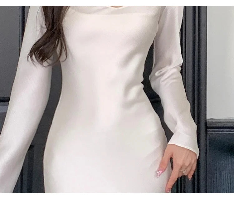 Autumn Solid Satin Long Dresses Women Wedding Evening Party Dress with Camisole Prom Robe V-Neck Long Sleeves Mermaid Vestidos - Seprincess