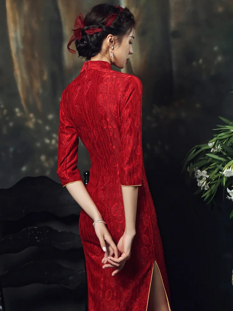 Chinese Style Long Dress Red  Slim Cheongsam Qipao Dress Wedding Party Hanfu Summer Lace - Seprincess