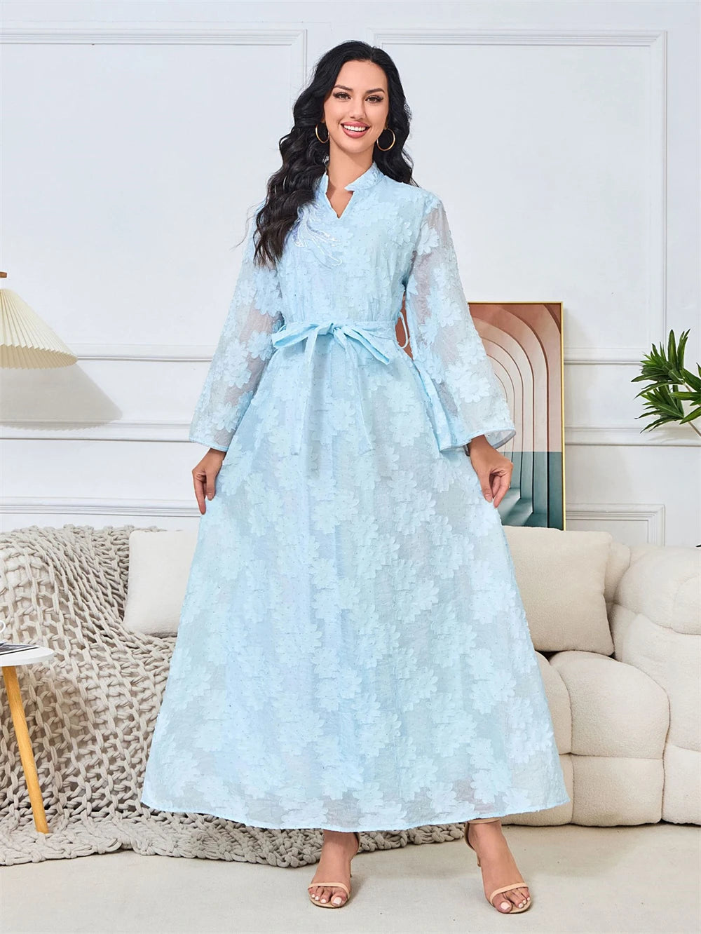 Exquisite Lace Formal Dress Muslim Style Kaftan Women's Dresses with Floral Appliques A Line Long Arabic Robe Cheap Dresses - Seprincess