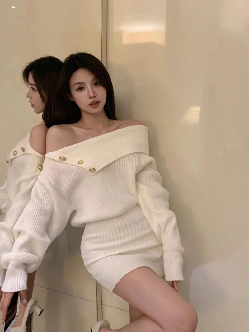 White Knitted Mini Dress Women Fashion Sexy Black Slash Neck Wrap Sweater Dresses Winter Korean Elegant Bodycon A Line Vestidos - Seprincess