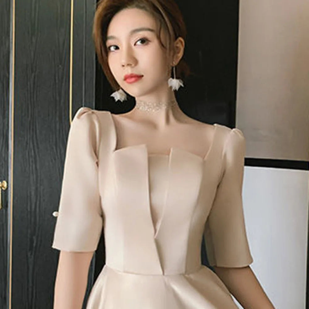 4 Styles Satin Solid Bridesmaid Dress Women Elegant Floor Length Slim Fit Spliced Tulle Puff Sleeve Wedding Party Guest Vestido - Seprincess