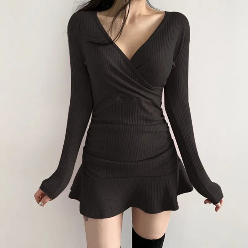 Black Knitted Ribbed Midi Dresses For Women V Neck Elegant Korean Clothes Long Sleeve Ruffles Bodycon Dresses Autumn - Seprincess