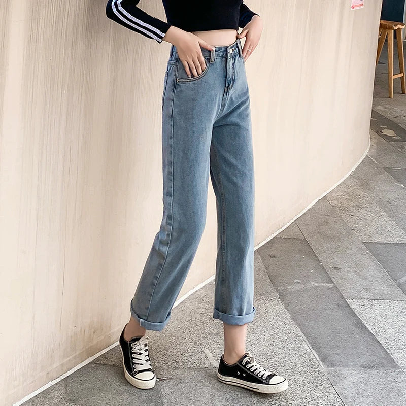 High Quality Korean Denim Jeans Women Straight Pants High Waist Thin White Pink Grey Green Trousers Ladies