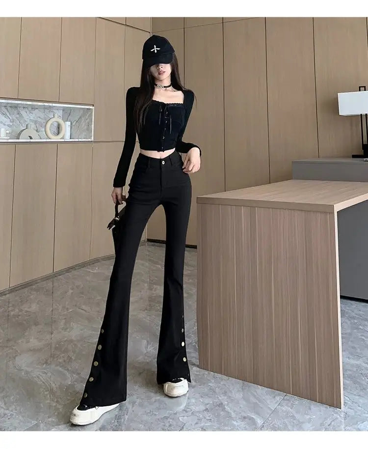 Micro-boot jeans brown buttoned design women's autumn and winter new high-waisted slim straight-leg floor mopping pants