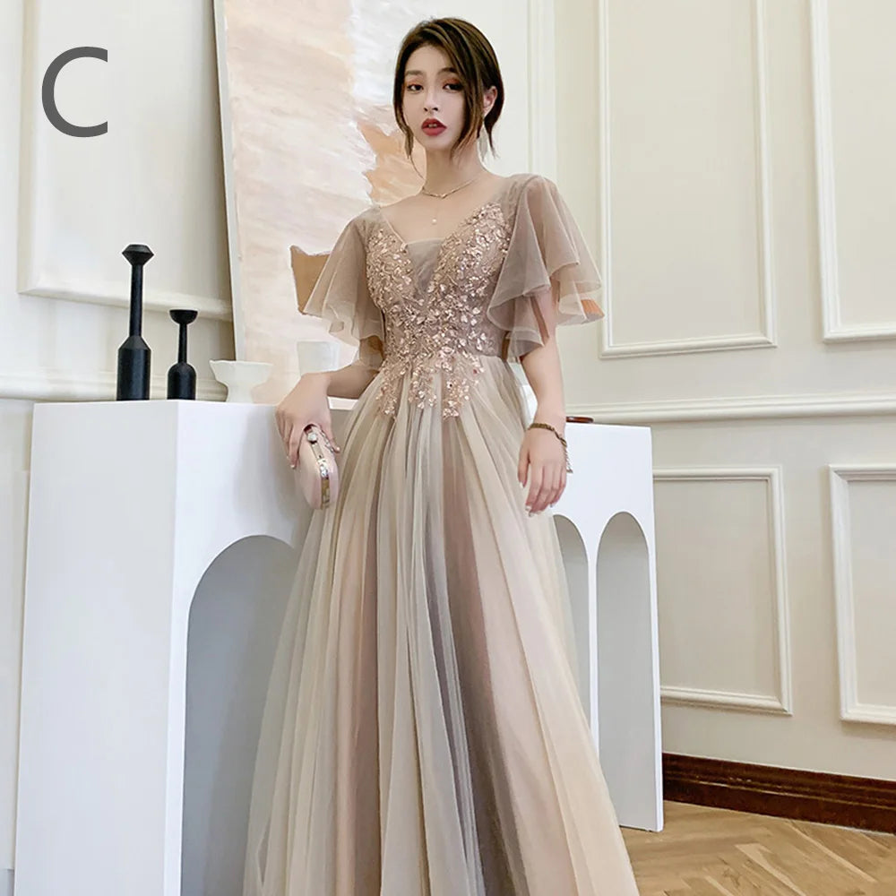 4 styles Champagne Pink Bridesmaid Dress Women's Elegant Off Shoulder Ruffles Sleeves Gown Sequins Flower Applique Vestido - Seprincess