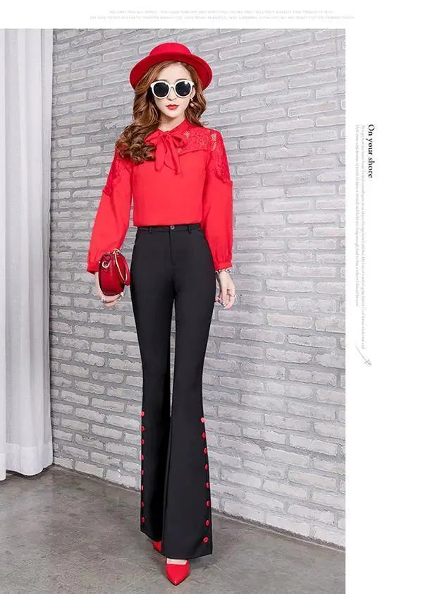 Summer Fashion Simple Slim Straight Flare Pants Women Solid High Waist Button Zipper Pocket Casual Versatile Elastic Trousers