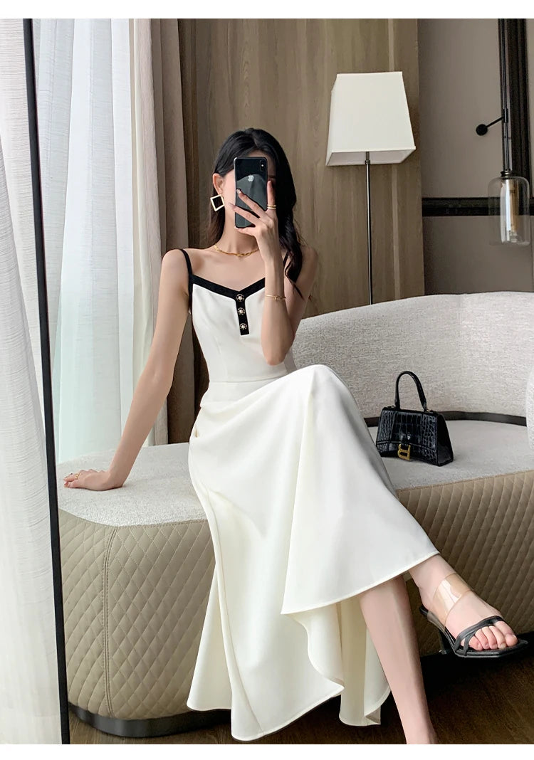 Fashion Korean Women Elegant Casual Dress Set Vintage Crop Jackets Sleeveless A-Line Strap Dress Two Pieces Set Female Clothes - Seprincess