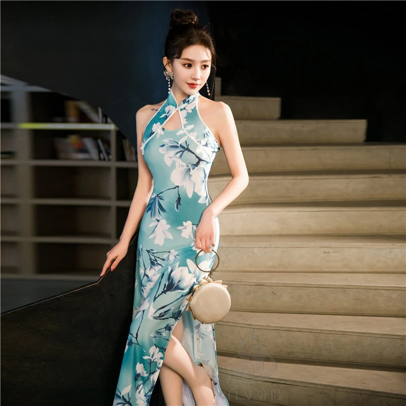 Sexy Halter Cheongsam Lady Split Qipao New Chinese Style Improved Dress Gown Satin Cheongsams Hollow Out Vestidos Bigsize 4Xl5Xl - Seprincess