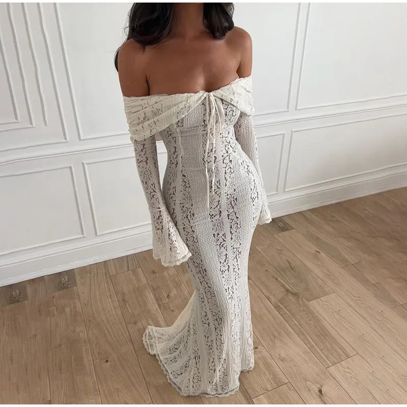 Vintage Cream Floral Lace Off Shoulder Maxi Dress Fashion Flare Long Sleeve Hollow Out Slim Dresses 2024 Elegant Lady Party Robe - Seprincess