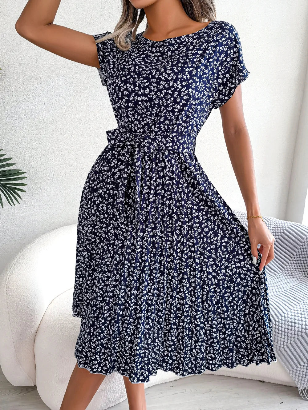 Women Spring Summer Short Sleeve High Waist Chic Dress Fashion Floral Pleated A Line Long Dress