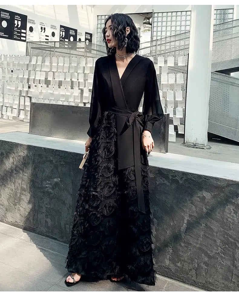 Y2K clothes designer autumn spring black maxi dresses for women traf bow V-neck tassels elegant party evening long dress vestido - Seprincess