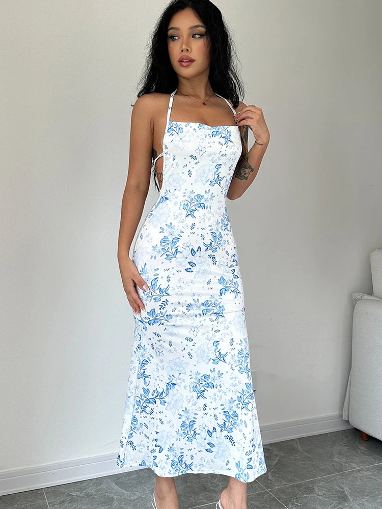 Dulzura Lace Up Halter Floral Long Dress For Women Backless Bodycon Midi Dress Sexy Party Club Outfit Streetwear Sundress Summer - Seprincess