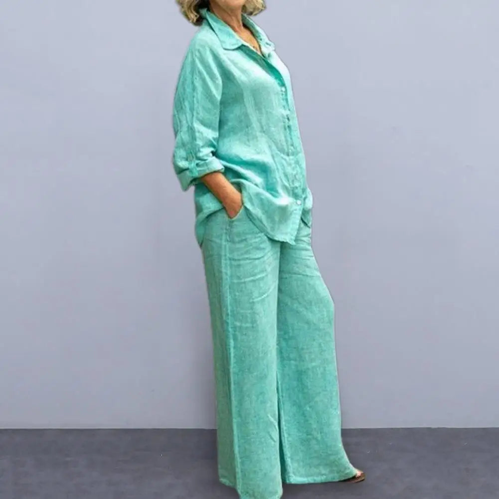 Women Cotton Linen Suits 2023 Elegant Solid Long Sleeve Shirt Wide Leg Trousers Two Piece Set Female Casual Straight Pants Suits - Seprincess