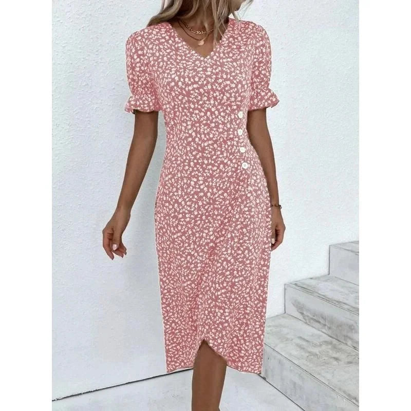 Spring Floral Bodycon Midi Dress For Women V Neck Long Sleeve Ruched Slim Fit Dresses Female Sexy Vestido Robe - Seprincess