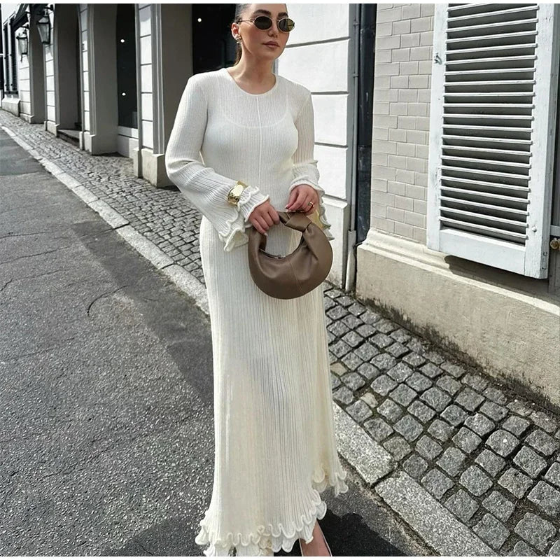 Women Elegant Ruffle Hem Knit White Long Dress O-neck Flare Long Sleeve Backless Bandage Dresses 2024 New Evening Party Robes - Seprincess