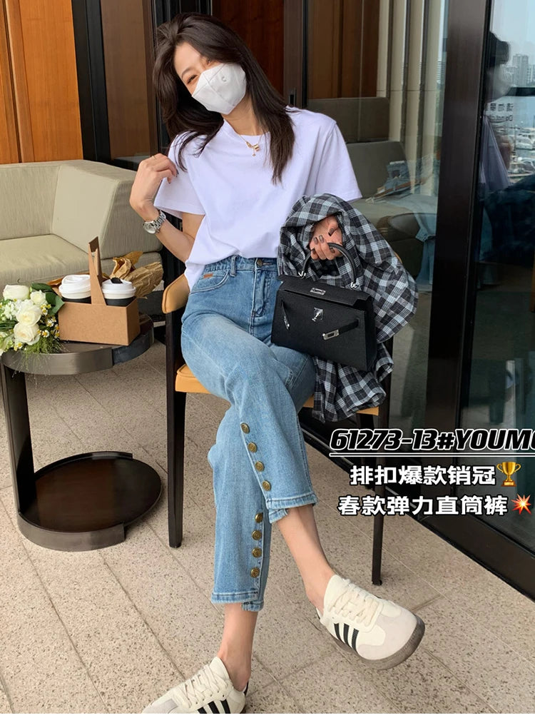 Y2k Large Size High Waist Jeans Women 2023 New Spring And Autumn Fat Mm Slim High Nine Straight Pipe Pants