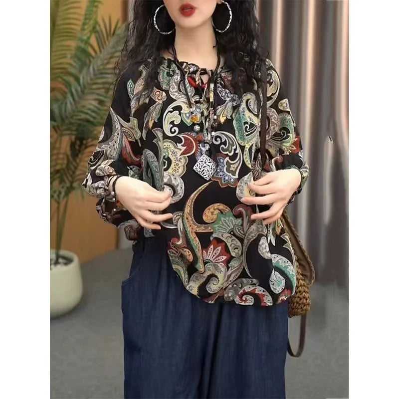 New Womens Cotton and Linen Clothing Sets Female Floral Long Sleeve Tops and Loose Pants Female 2PCS Outfits Plus Size - Seprincess