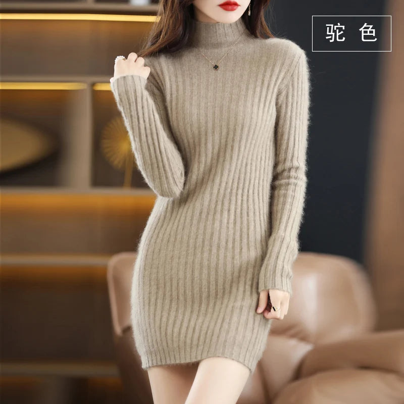 Women's High Collar Winter Warm Long Sleeve Solid Mink Cashmere Korean Version Loose Luxury Soft Cashmere Knitted Fit Dress - Seprincess